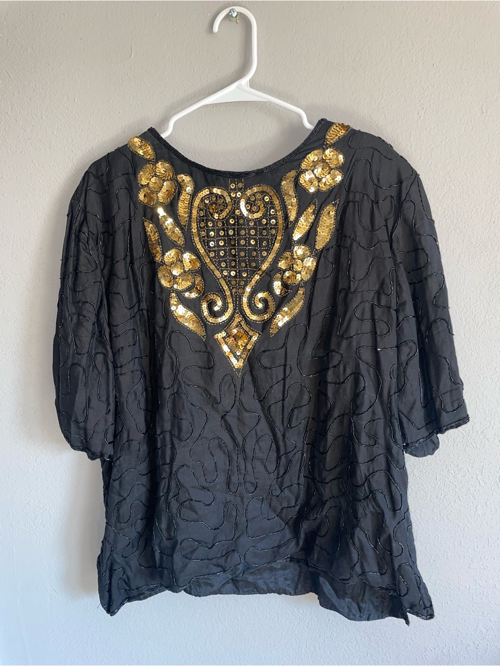 Vintage Silk Black Embellished Sequin V-Back Women's Top - Gold Detail